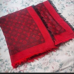 Louis Vuitton Red & Black Monogram Fringed Shawl